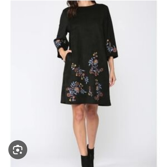 Joh Dresses & Skirts - JOH Faux Suede Shift Dress Bell Sleeve Embroidered Flowers- Size Large